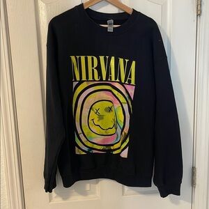 NIRVANA Black Crewneck Sweater with Yellow and Pink Design